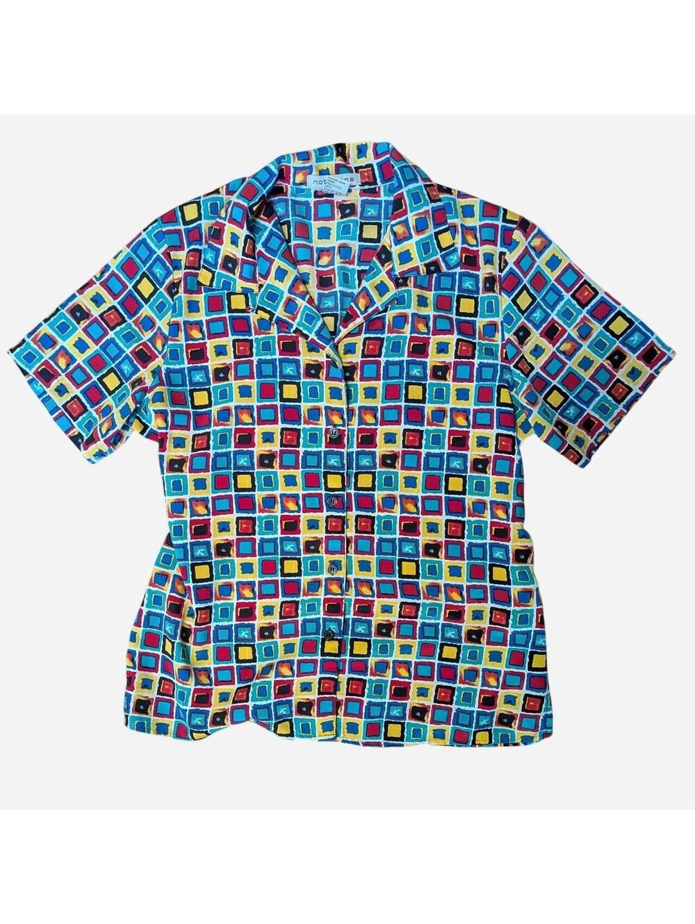 Vintage 1990s Primary Color Abstract Square Short Sleeve Button Up Blouse Medium